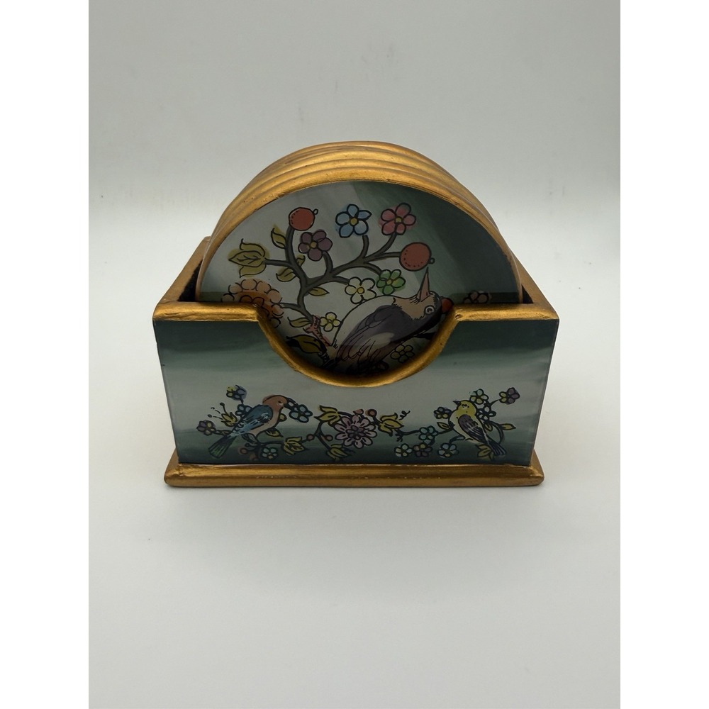 Vintage Hand-Painted Peruvian Bird Coaster Set with Holder (6 Coasters)